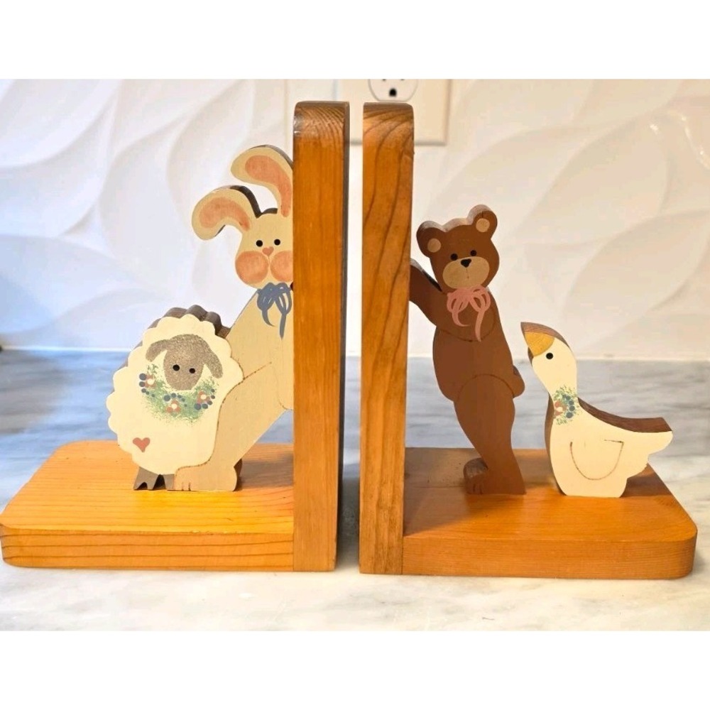 Vintage Wood Animal Bookends Set of 2- Rabbit Lamb Bear Duck